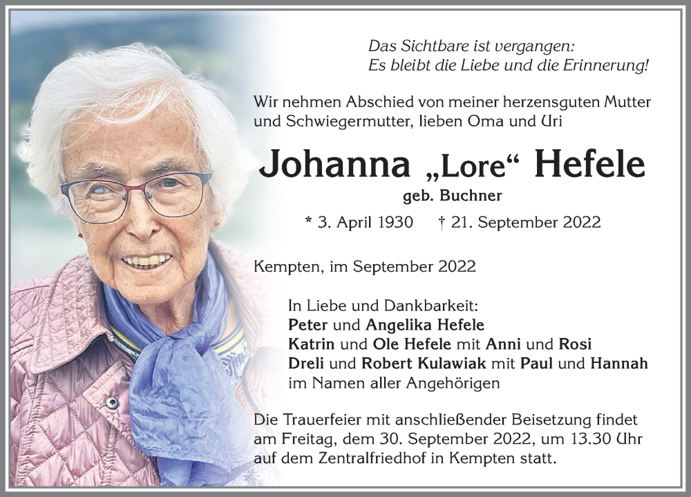  Traueranzeige für Johanna Hefele vom 24.09.2022 aus Allgäuer Zeitung,Kempten