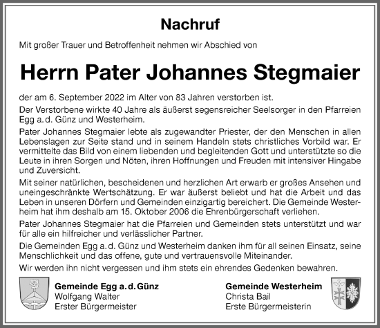 Traueranzeige von Johannes Stegmaier von Memminger Zeitung