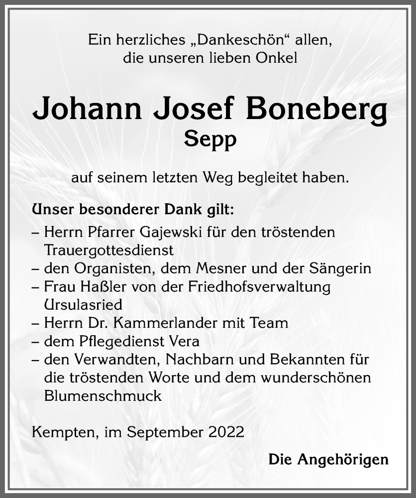  Traueranzeige für Johann Josef Boneberg vom 29.09.2022 aus Allgäuer Zeitung,Kempten