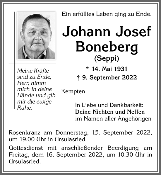 Traueranzeige von Johann Josef Boneberg von Allgäuer Zeitung,Kempten
