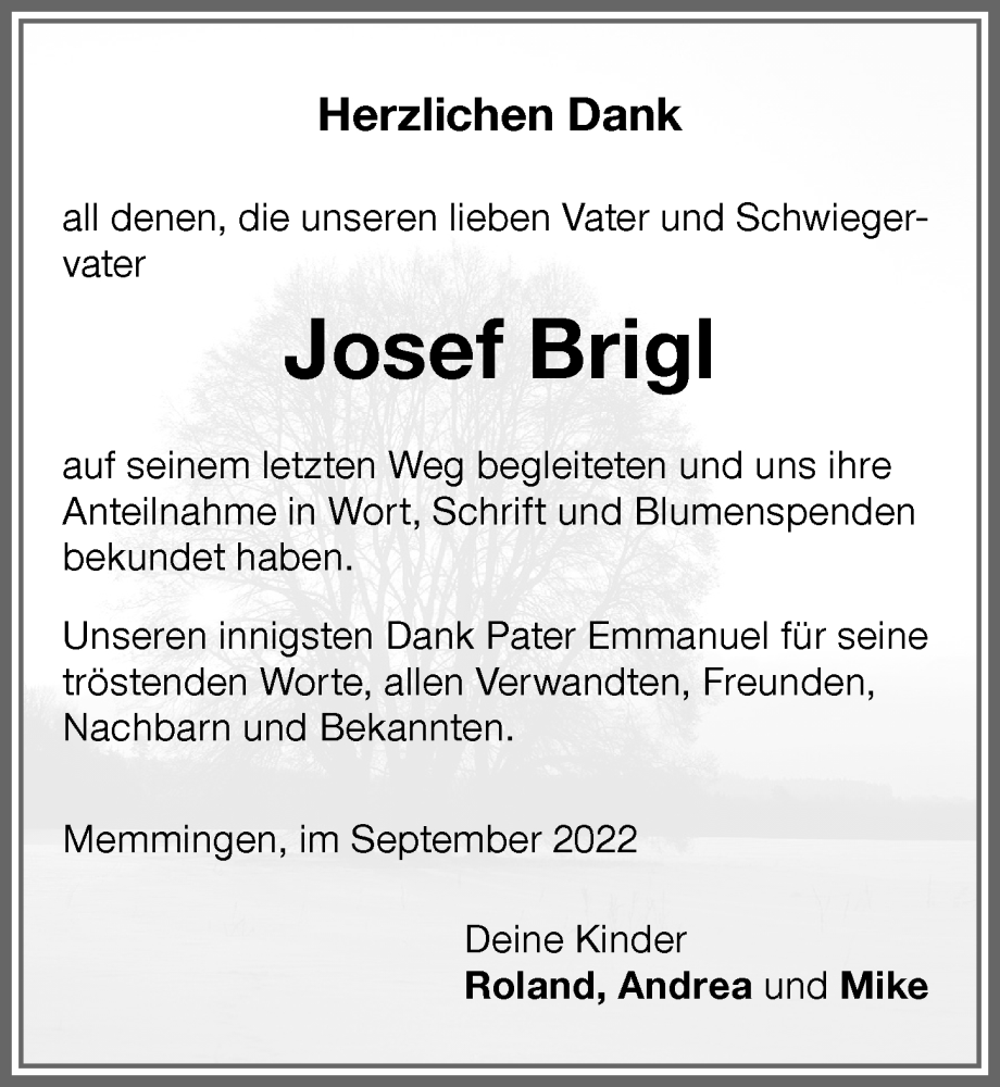  Traueranzeige für Josef Brigl vom 17.09.2022 aus Memminger Zeitung