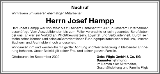 Traueranzeige von Josef Hampp von Memminger Zeitung