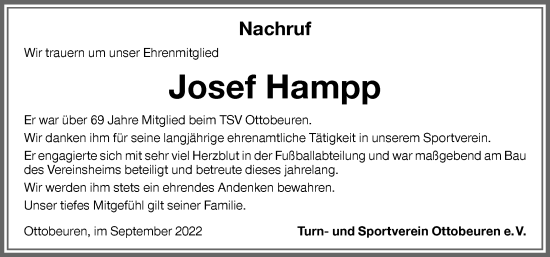 Traueranzeige von Josef Hampp von Memminger Zeitung
