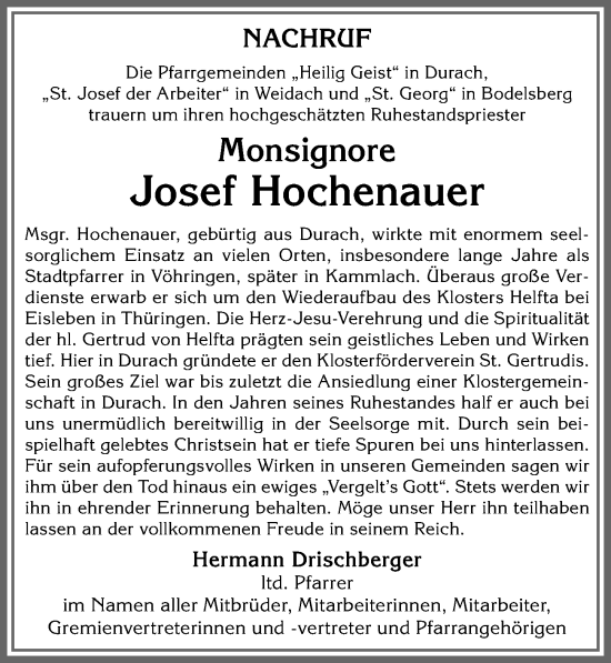Traueranzeige von Josef Hochenauer von Allgäuer Zeitung,Kempten