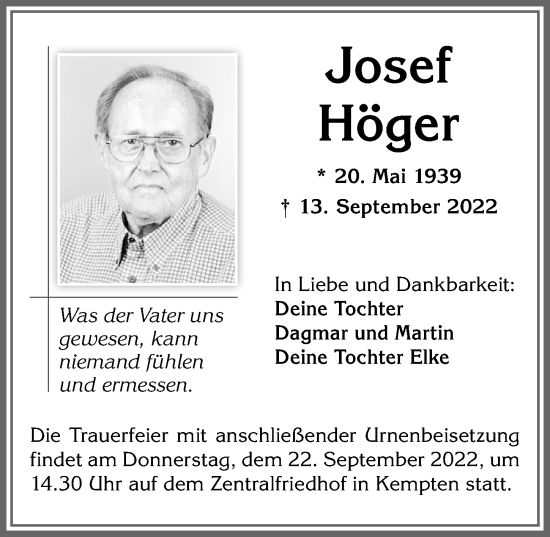 Traueranzeige von Josef Höger von Allgäuer Zeitung,Kempten