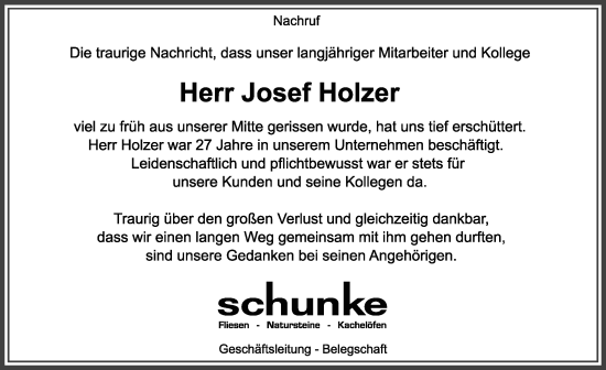 Traueranzeige von Josef Holzer von Memminger Zeitung