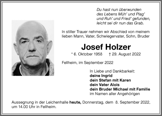 Traueranzeige von Josef Holzer von Memminger Zeitung