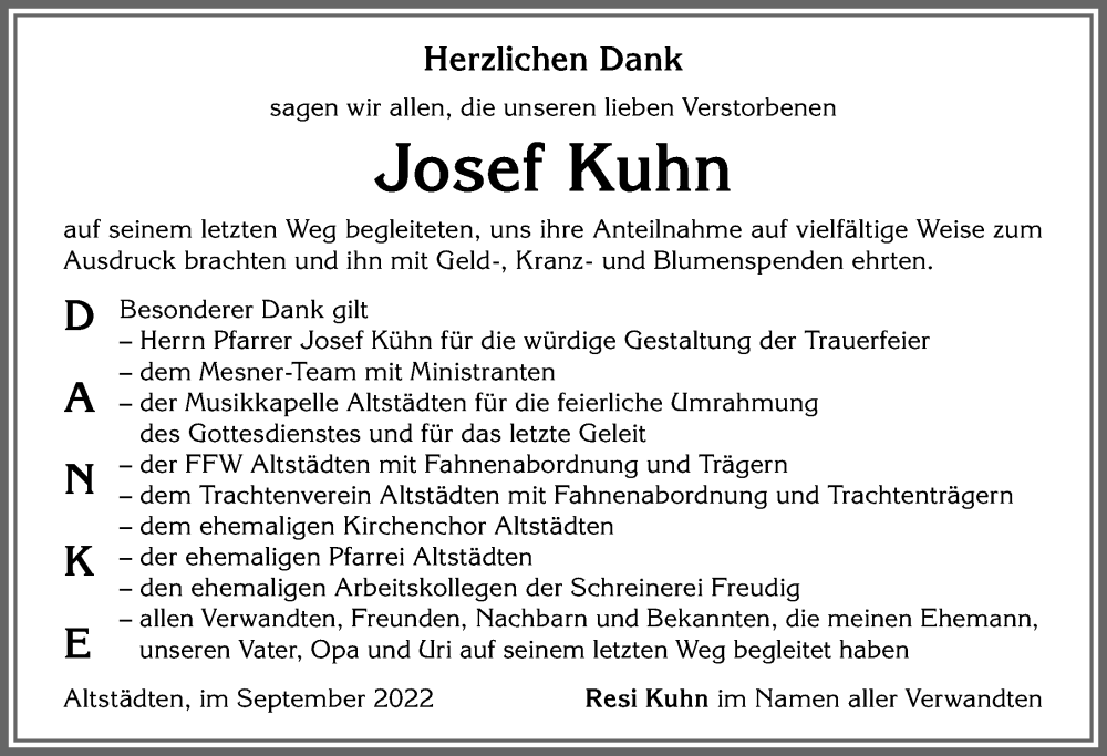  Traueranzeige für Josef Kuhn vom 10.09.2022 aus Allgäuer Anzeigeblatt