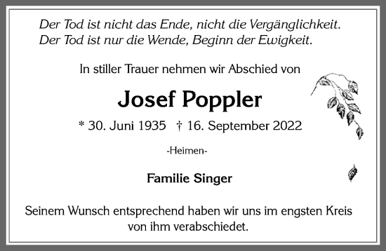 Traueranzeige von Josef Poppler von Allgäuer Zeitung, Füssen