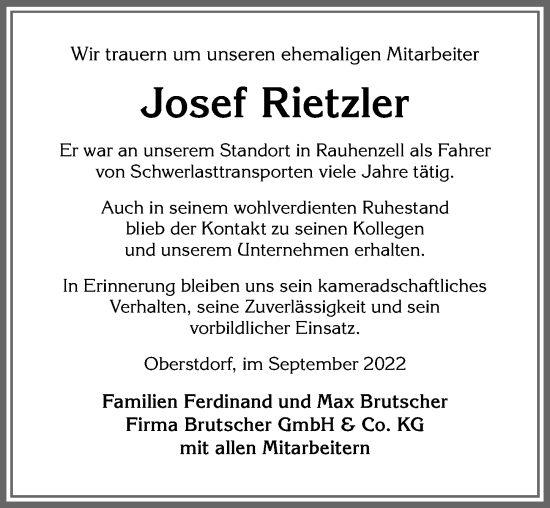Traueranzeige von Josef Rietzler von Allgäuer Anzeigeblatt