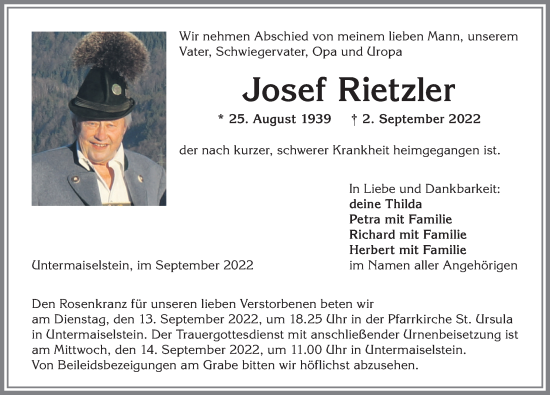 Traueranzeige von Josef Rietzler von Allgäuer Anzeigeblatt