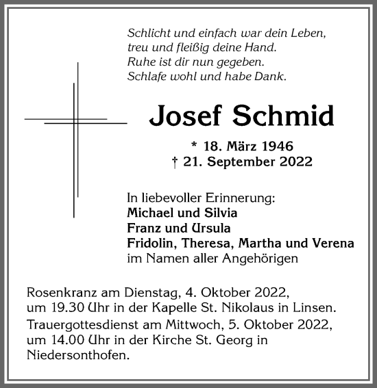 Traueranzeige von Josef Schmid von Allgäuer Anzeigeblatt