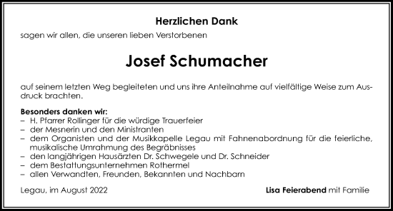 Traueranzeige von Josef Schumacher von Memminger Zeitung