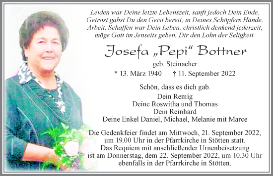 Traueranzeige von Josefa Bottner von Allgäuer Zeitung, Marktoberdorf