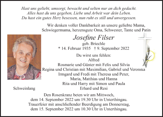 Traueranzeige von Josefine Filser von Allgäuer Zeitung, Marktoberdorf