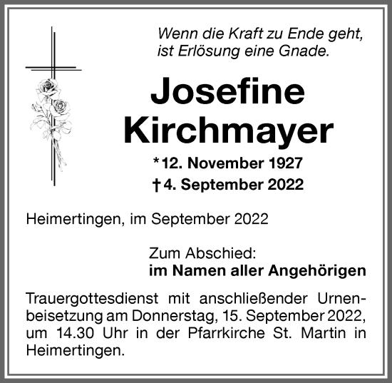 Traueranzeige von Josefine Kirchmayer von Memminger Zeitung