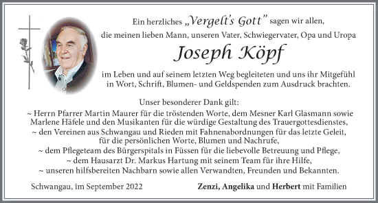 Traueranzeige von Joseph Köpf von Allgäuer Zeitung, Füssen