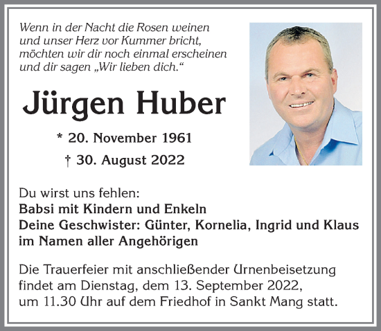 Traueranzeige von Jürgen Huber von Allgäuer Zeitung,Kempten
