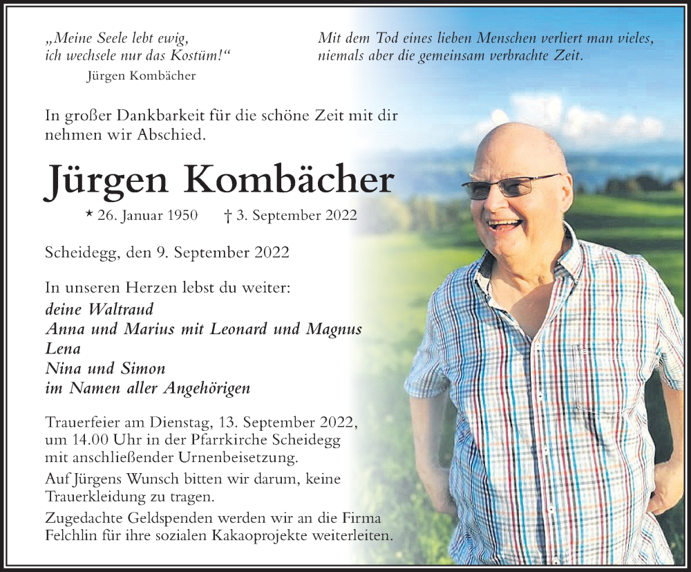  Traueranzeige für Jürgen Kombächer vom 09.09.2022 aus Der Westallgäuer