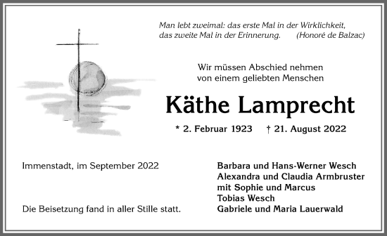 Traueranzeige von Käthe Lamprecht von Allgäuer Anzeigeblatt