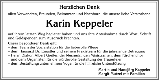 Traueranzeige von Karin Keppeler von Allgäuer Zeitung, Kaufbeuren/Buchloe
