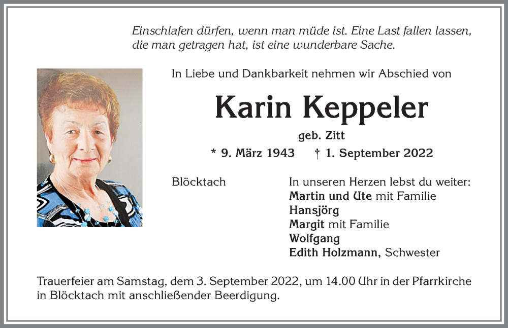  Traueranzeige für Karin Keppeler vom 03.09.2022 aus Allgäuer Zeitung, Kaufbeuren/Buchloe