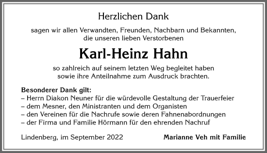Traueranzeige von Karl-Heinz Hahn von Allgäuer Zeitung, Kaufbeuren/Buchloe