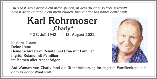 Traueranzeige von Karl Rohrmoser von Landsberger Tagblatt, Augsburger Allgemeine