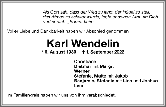 Traueranzeige von Karl Wendelin von Memminger Zeitung
