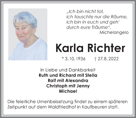 Traueranzeige von Karla Richter von Allgäuer Zeitung, Kaufbeuren/Buchloe