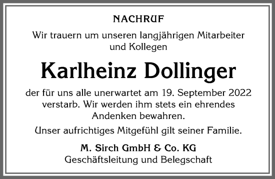 Traueranzeige von Karlheinz Dollinger von Allgäuer Zeitung, Kaufbeuren/Buchloe