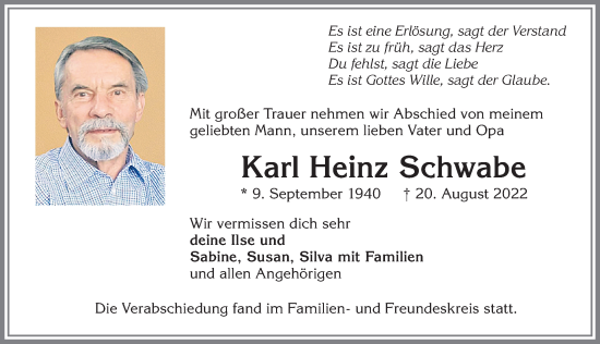 Traueranzeige von Karl Heinz Schwabe von Allgäuer Zeitung, Kaufbeuren/Buchloe