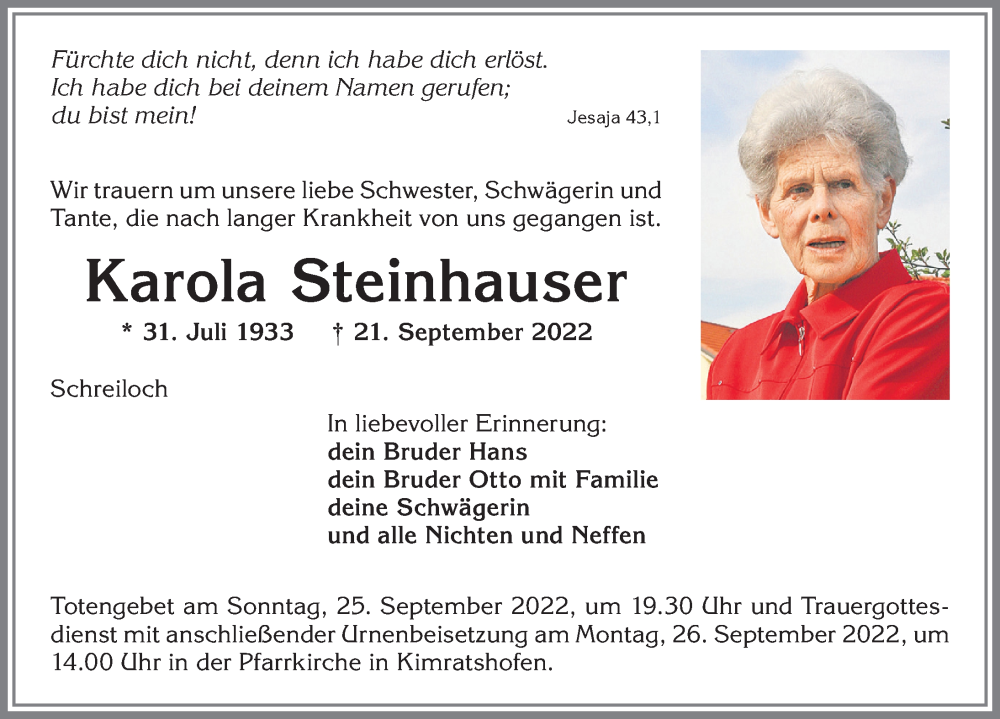  Traueranzeige für Karola Steinhauser vom 24.09.2022 aus Allgäuer Zeitung,Kempten