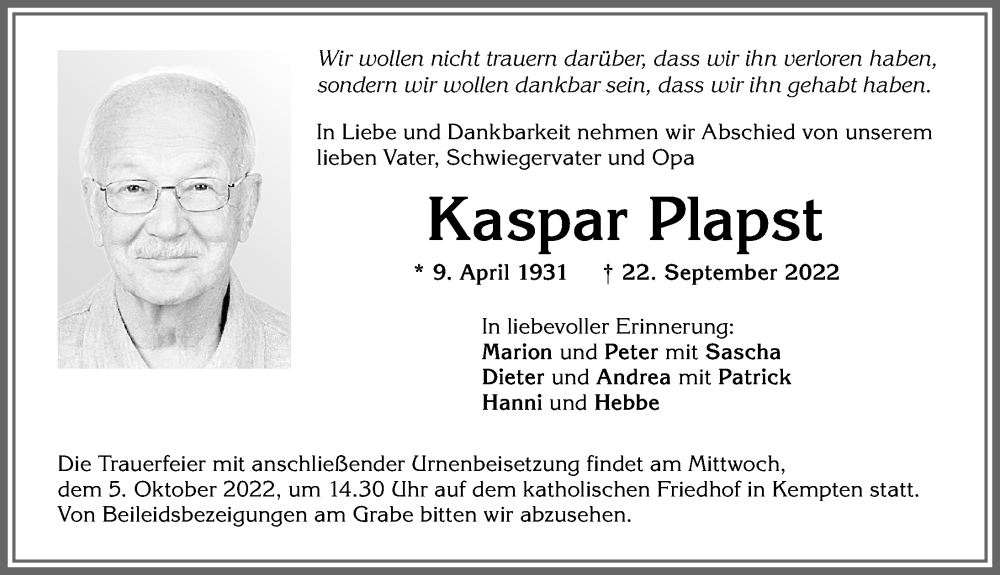  Traueranzeige für Kaspar Plapst vom 28.09.2022 aus Allgäuer Zeitung,Kempten