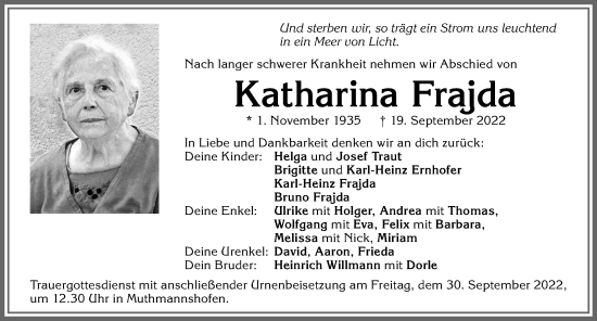 Traueranzeige von Katharina Frajda von Allgäuer Zeitung,Kempten