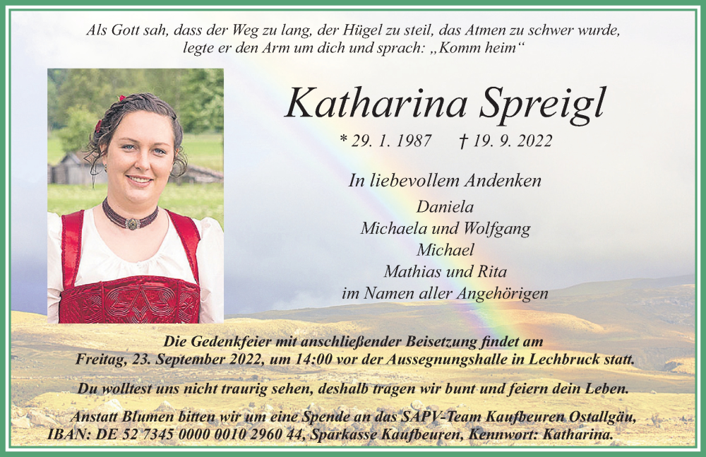  Traueranzeige für Katharina Spreigl vom 22.09.2022 aus Allgäuer Zeitung, Füssen