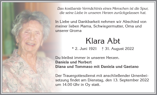 Traueranzeige von Klara Abt von Allgäuer Zeitung,Kempten