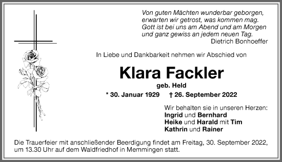 Traueranzeige von Klara Fackler von Memminger Zeitung