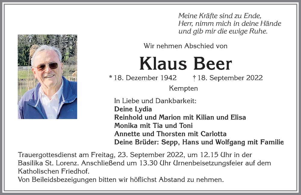  Traueranzeige für Klaus Beer vom 21.09.2022 aus Allgäuer Zeitung,Kempten