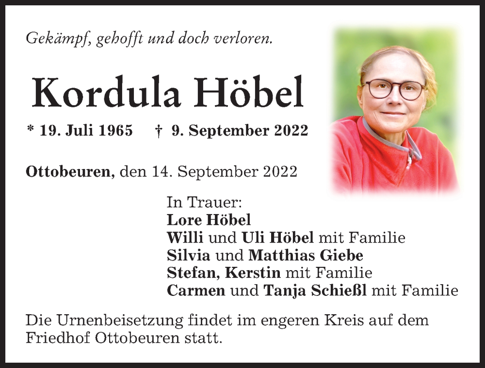  Traueranzeige für Kordula Höbel vom 14.09.2022 aus Memminger Zeitung