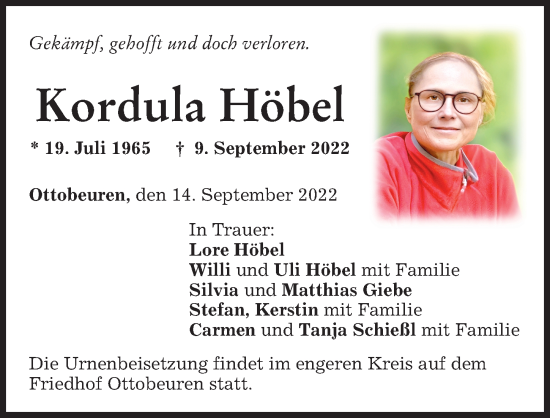 Traueranzeige von Kordula Höbel von Memminger Zeitung