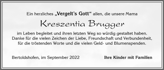 Traueranzeige von Kreszentia Brugger von Allgäuer Zeitung, Marktoberdorf