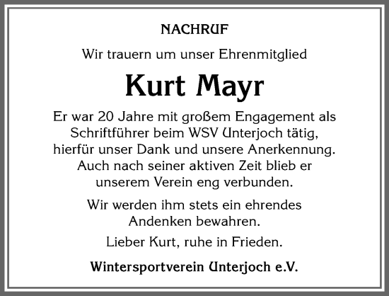 Traueranzeige von Kurt Mayr von Allgäuer Anzeigeblatt