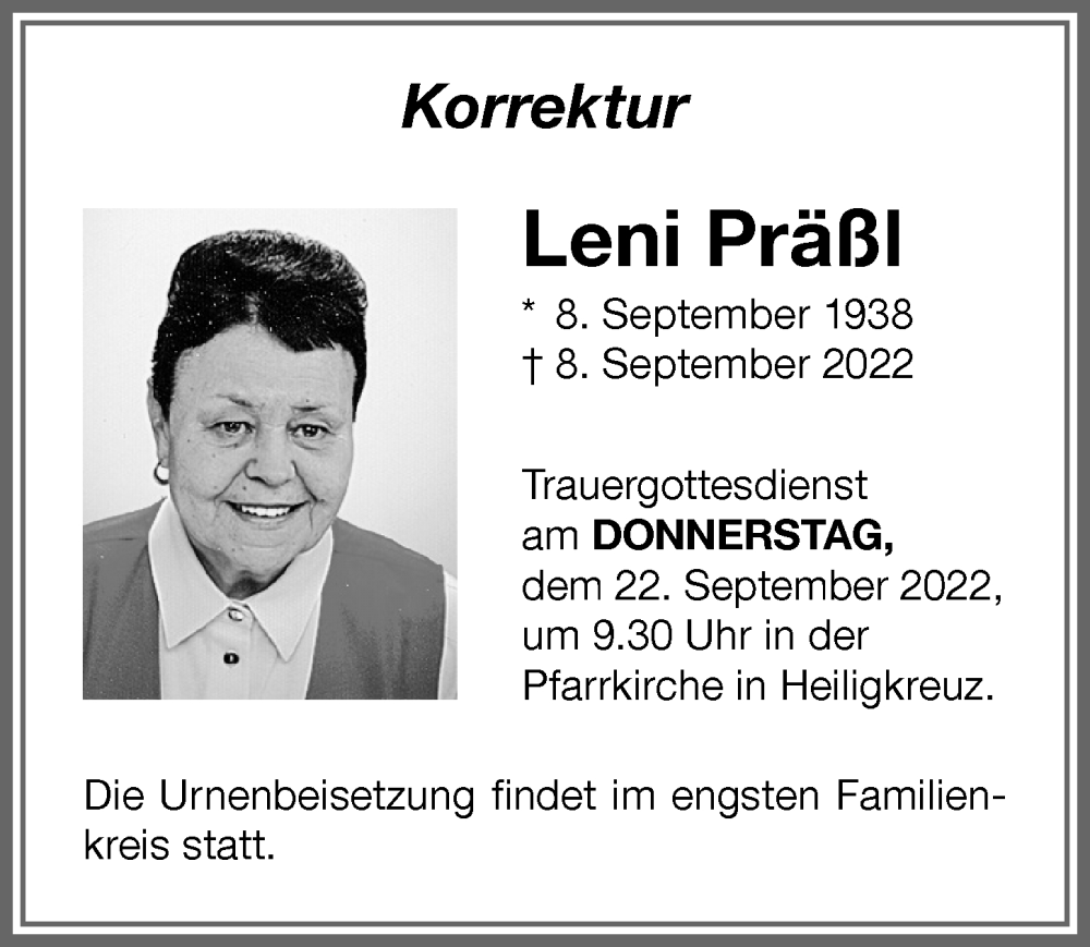  Traueranzeige für Leni Präßl vom 14.09.2022 aus Allgäuer Zeitung,Kempten