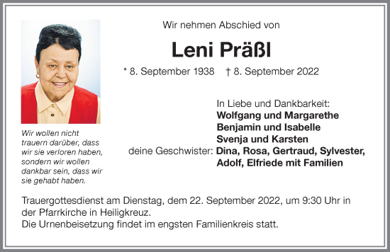 Traueranzeige von Leni Präßl von Allgäuer Zeitung,Kempten