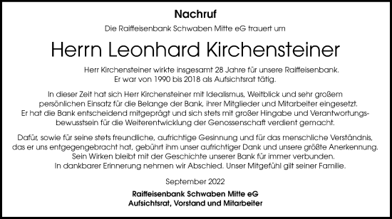 Traueranzeige von Leonhard Kirchensteiner von Memminger Zeitung