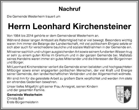Traueranzeige von Leonhard Kirchensteiner von Memminger Zeitung