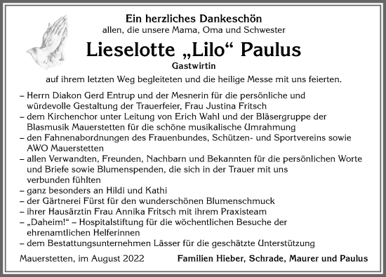 Traueranzeige von Lieselotte Paulus von Allgäuer Zeitung, Kaufbeuren/Buchloe