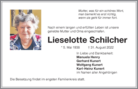 Traueranzeige von Lieselotte Schilcher von Memminger Zeitung