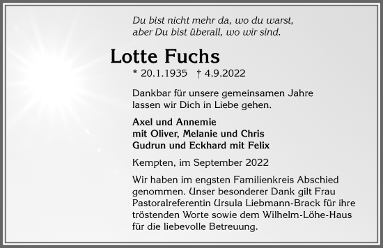 Traueranzeige von Lotte Fuchs von Allgäuer Zeitung,Kempten